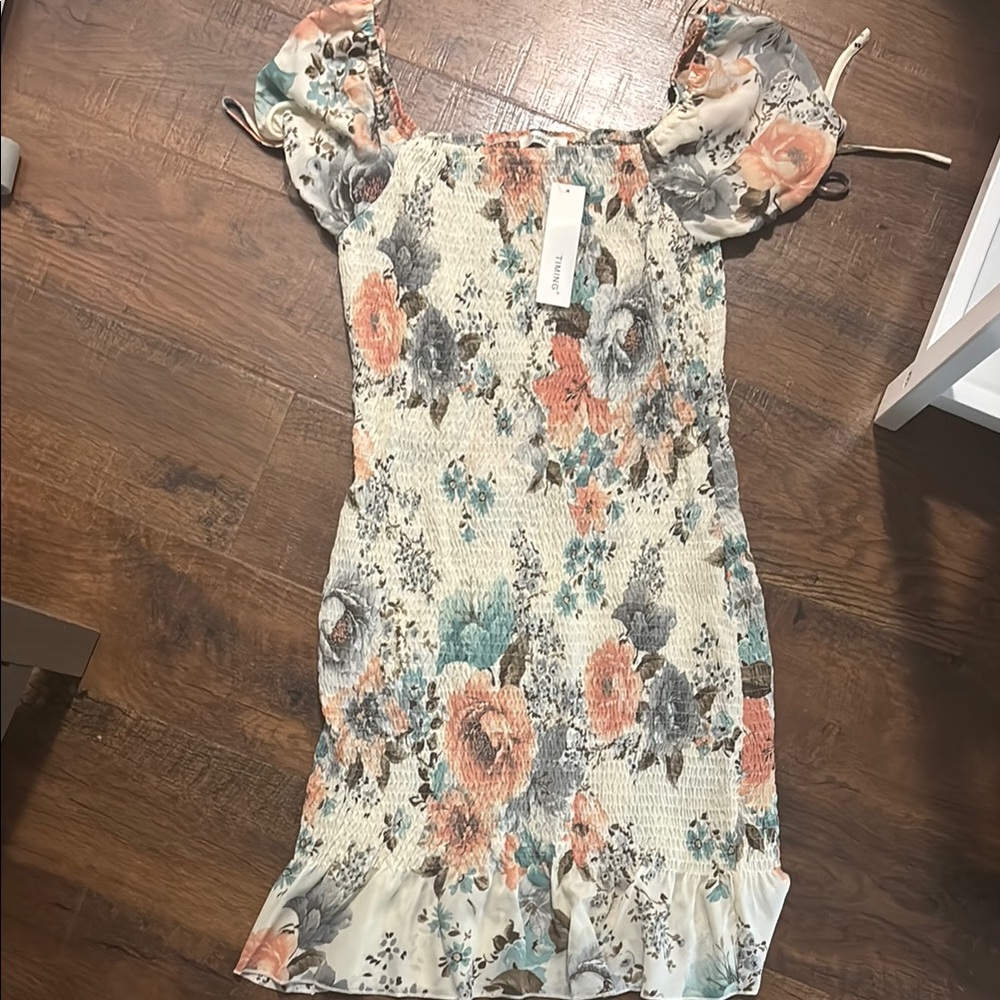 Timing Cream and Blue Ruffled Smocked Mini Dress